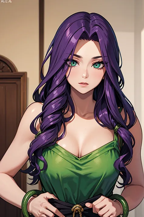 medusa, olho verde esmeralda, cabelo violeta, cabelo liso, cabelo longo, adulta, alta, snake