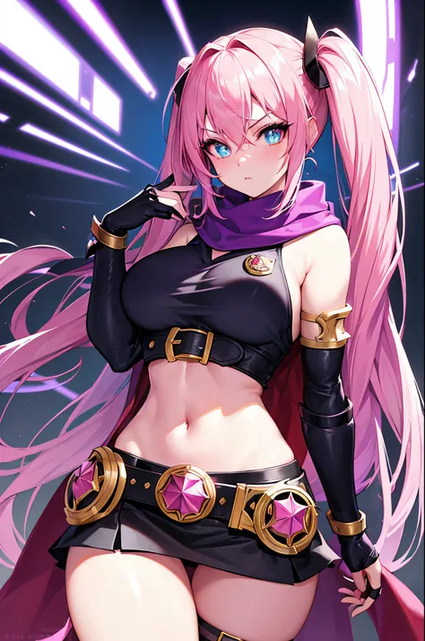 league of legend female character, hyper league of legend art style, void magic student, ((cloak, mini skirt, badge, hand glove, belt, armlet, scarf)), ((colorful twintails, colorful pupil, stripe make up, perfect body shape)), (evil aura, vine effect), (m...