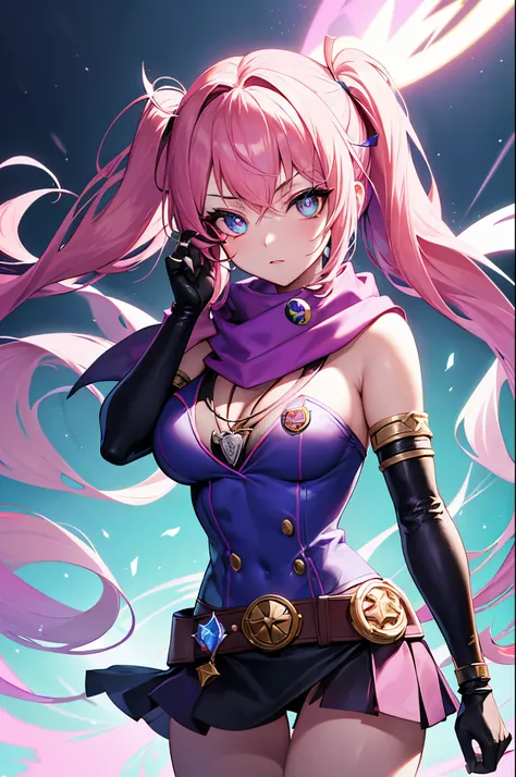 league of legend female character, hyper league of legend art style, void magic student, ((cloak, mini skirt, badge, hand glove, belt, armlet, scarf)), ((colorful twintails, colorful pupil, stripe make up, perfect body shape)), (evil aura, vine effect), (m...