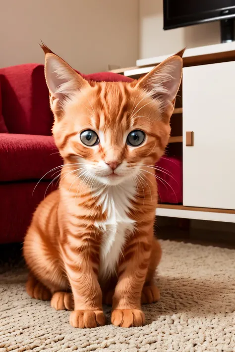 A cute red kitten in the apartment.