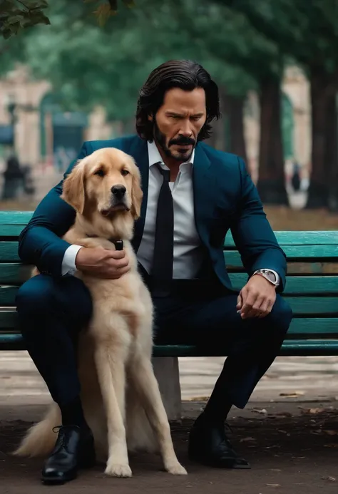 A stylishly dressed hit man sitting on a park bench with a fluffy dog by his side.,original,John Wick