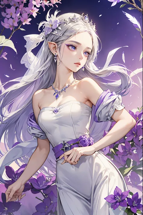 Emilia princess from Re:Zero kara Hajimeru Isekai Seikatsu, half elf, ((gorgeous white and purple elegant silk wedding dress, holding a bunch of clematis, silk accesory, veil, silver necklace, diamond ring, flower earring, belt, collar, silver crown)), gra...