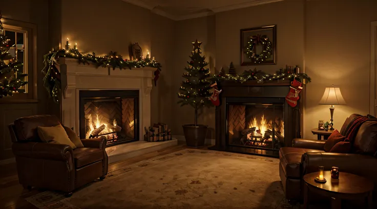 living room with fireplace, Christmas atmosphere, Christmas, night, large window, ultra-realistic, real quality, 4K,