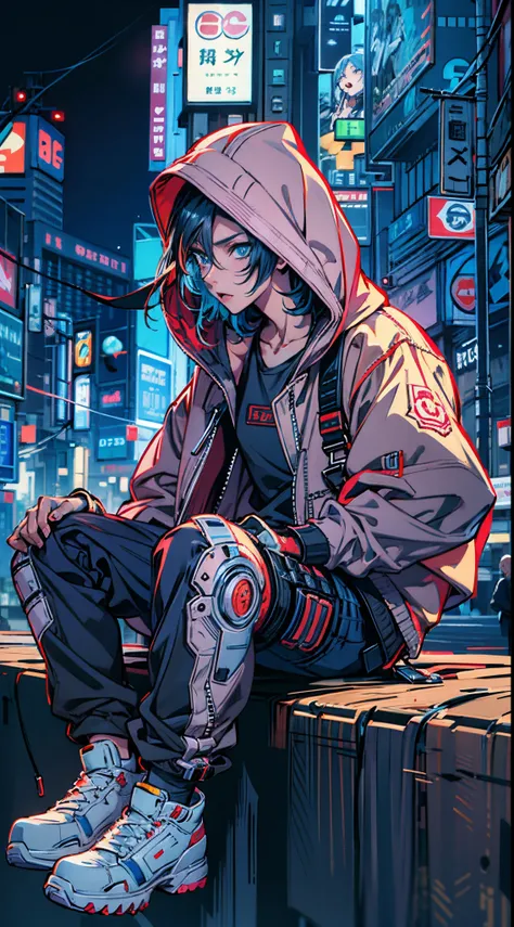 Masterpiece, best quality, high quality, ultra detailed, anime boy sitting on a ledge in a city at night, digital cyberpunk anime art, anime cyberpunk art, cyberpunk anime art, modern cyberpunk anime, digital cyberpunk - anime art, anime cyberpunk, badass ...