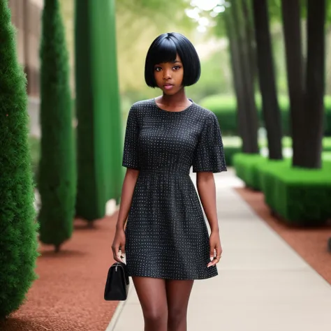 Black skinny girl with a pixie wig and a cheater print dress