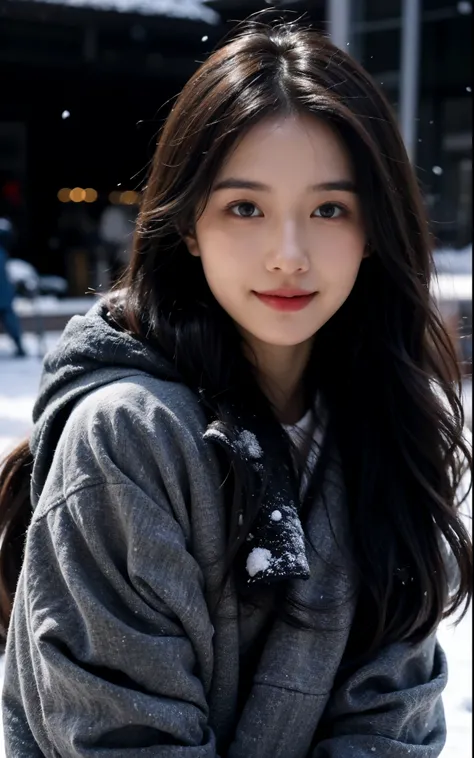 Wearing a white down jacket, Fair skin, 1 girl，Close your mouth and smile，Winters，23-year-old girl，high qulity，looks into camera，facing to audience，snowy days