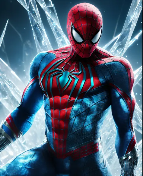 (extremely detailed 8k wallpaper), Close-up (futuristic Spiderman suit made of ice From Marvel dressed in ice style: 1.3) emerging from the the futuristic world, White and cyan, extremely detailed, volumetric lighting