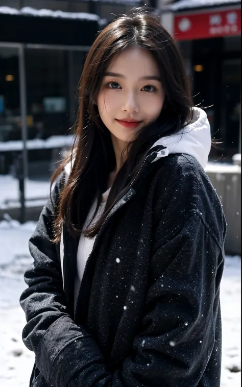 Wearing a white down jacket, Fair skin, 1 girl，Close your mouth and smile，Winters，23-year-old girl，high qulity，looks into camera，facing to audience，snowy days