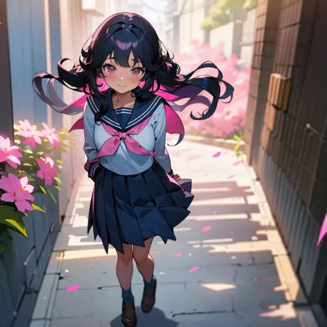 1female, teen, long black curly hair, finely detailed pink eyes, blue sailor girl uniform, standing on path, walking down alley, light smile, blushing cheeks, flowers, best lighting and shadows, tokyo