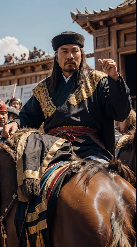 "Depict Genghis Khan as a visionary leader, transforming nomadic Mongols into a powerful empire, perhaps through a visual progression from nomadic life to the establishment of a grand civilization."