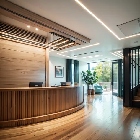 sustainable, interior reception design, daylight,decorated  wood sections, side stairs, Bright colours --auto --s2