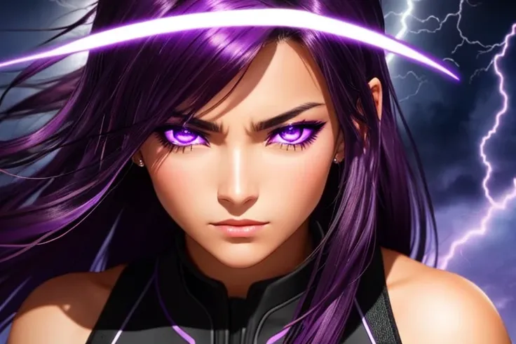 Close up of Woman scowling with tan skin, dark brown eyes, black hair with purple ends, with lightning all around her, glowing purple eyes in battle scene anime