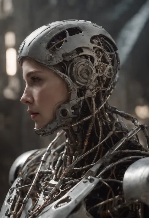 Envision an awe-inspiring scene featuring an extremely complex humanoid-model, meticulously highlighting every intricate detail, including gears, cables, and wire work throughout its body. Imagine this image in stunning 8K movie quality, capturing the esse...