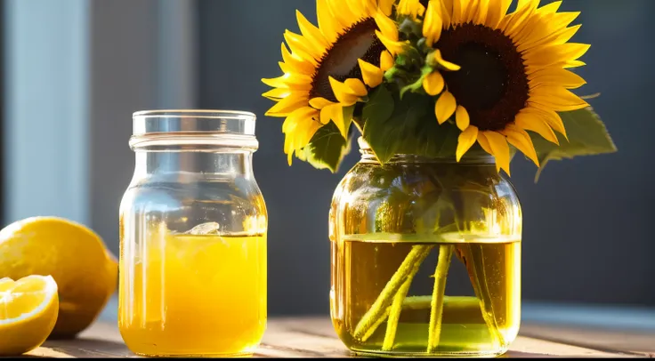 glass jar of honey on a wooden table next to a glass of lemonade, flower, NOhumans, fruits, food, still life, sunflower, blurry