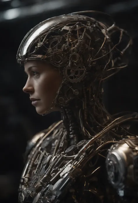 Envision an awe-inspiring scene featuring an extremely complex humanoid-model, meticulously highlighting every intricate detail, including gears, cables, and wire work throughout its body. Imagine this image in stunning 8K movie quality, capturing the esse...