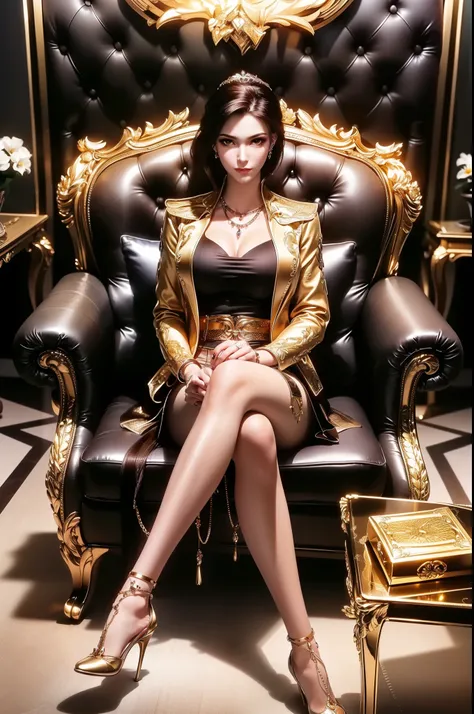 (beautifull mafia lady, large breast, medium bob hair, sitting on sofa, holding gold bar, gold bar everywhere, gold belt, detail...