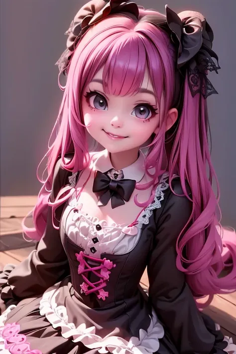 a close up of a (demon girl) smiling in a black lace outfit, frilly outfit, witchcore clothes, fantasy outfit, lolita style, cutecore clowncore, fairycore, style of magical girl, goth girl, cutecore, loli, 1 7 - year - old anime goth girl