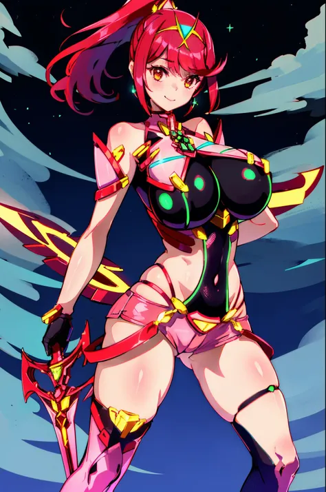 pyra (xenoblade), teen_1girl, loli, bangs, black gloves, breasts, red eyes, shout, earrings, eyelashes, fingerless gloves, floating hair, , gem, gloves, hair ornament, headpiece, jewelry, gigantic_breasts, leaning back, swimsuit, neon trim, official art, p...