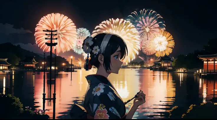 massive landscape、top image quality、8k、profile of a girl in a yukata、shrines、festival of the japan、dark ilumination、fireworks、yo...