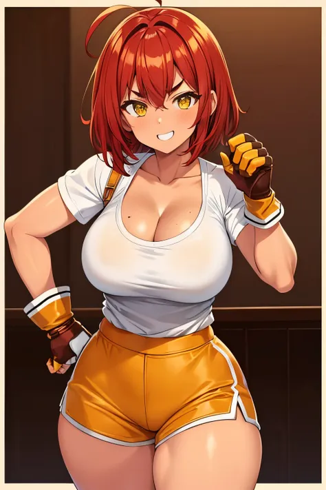 girl, red hair, short hair, medium hair, yellow eyes, athletic body, cleavage, white shirt, smilling, sure, fighter, gloves, bro...