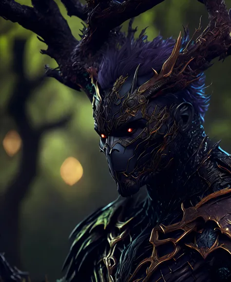 (extremely detailed 8k wallpaper), Close-up (Tree-man From Marvel dressed in Goth style: 1.3) emerging from nature, nature colours, extremely detailed, volumetric lighting