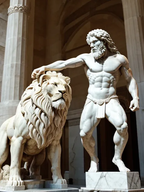 white marble Samson kills and beats the lion with his fists, and the lion scratches and bites Samson with his claws. The lion attacks and Samson defends. Bloody death battle. epic brutal battle. Sculpture about this biblical moment, the biblical story of S...