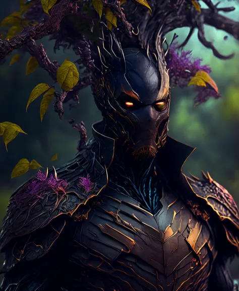 (extremely detailed 8k wallpaper), Close-up (Tree-man From Marvel dressed in Goth style: 1.3) emerging from nature, nature colours, extremely detailed, volumetric lighting