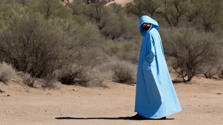 man with bright blue eyes, in a desert dressed in long clothes hiding his face