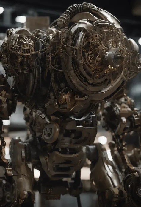 Envision an awe-inspiring scene featuring an extremely complex humanoid-model, meticulously highlighting every intricate detail, including gears, cables, and wire work throughout its body. Imagine this image in stunning 8K movie quality, capturing the esse...