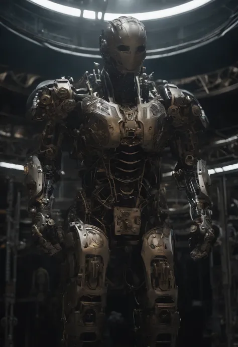 Envision an awe-inspiring scene featuring an extremely complex humanoid-model, meticulously highlighting every intricate detail, including gears, cables, and wire work throughout its body. Imagine this image in stunning 8K movie quality, capturing the esse...