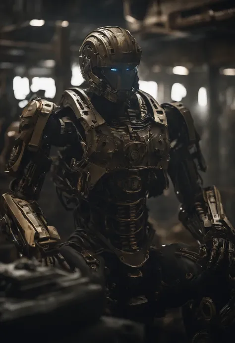 Envision an awe-inspiring scene featuring an extremely complex humanoid-model, meticulously highlighting every intricate detail, including gears, cables, and wire work throughout its body. Imagine this image in stunning 8K movie quality, capturing the esse...