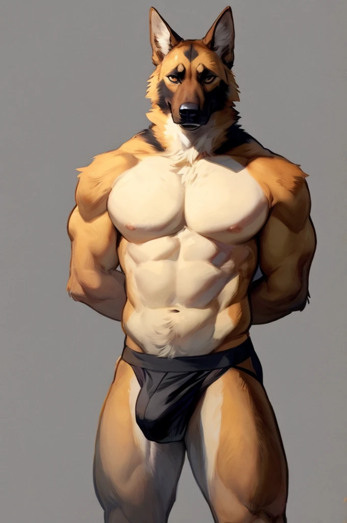 Solo, Furry, German Shepherd, Anthro, Male, E621, Standing, Muscular, Hands behind back, Wearing underwear, Plain background, Front view, Orange Fur, By bebebebebe