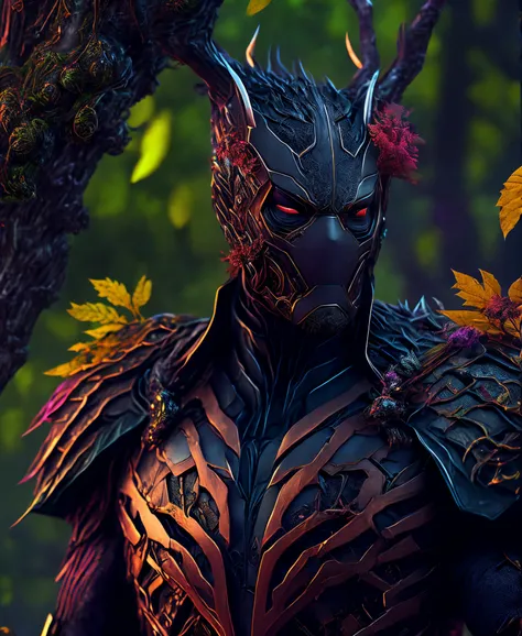 (extremely detailed 8k wallpaper), Close-up (Tree-man From Marvel dressed in Goth style: 1.3) emerging from nature, colourful nature colours, extremely detailed, volumetric lighting