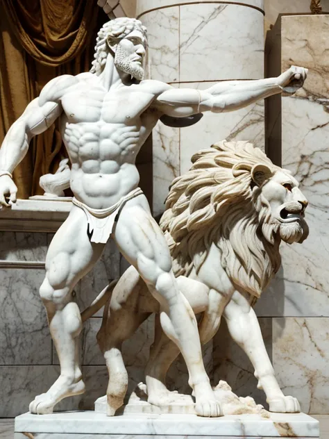 white marble. Samson with mantle toga. Samson kills and beats the lion with his fists, and the lion scratches and bites Samson with his claws. The lion attacks and Samson defends. Bloody death battle. epic brutal battle. Sculpture about this biblical momen...