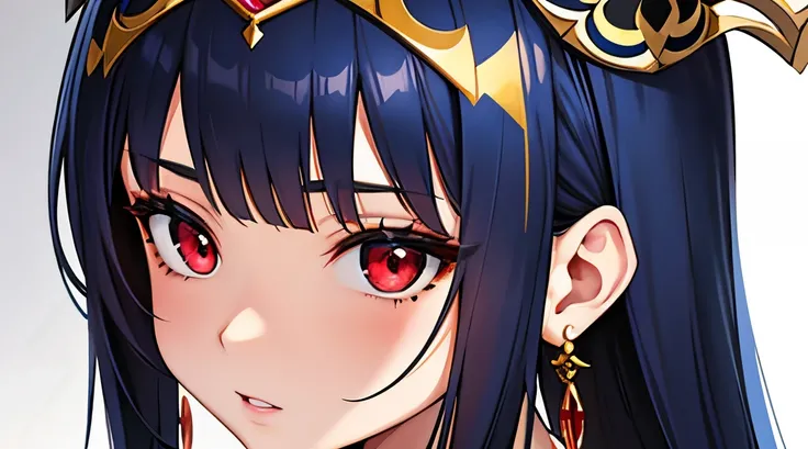 woman wearing a blue mask and hair on top of her head in the game, 1girl, 独奏, Jewelry, mole under the eyes, earings, Long hair, red eyes, taupe, mask, extremely detailed artgerm, artgerm detailed, WLOP | artgerm, ig model | artgerm, artgerm. high detail, i...