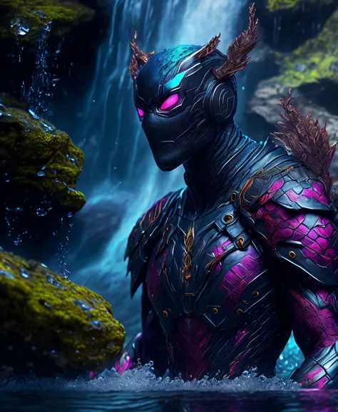 (extremely detailed 8k wallpaper), Close-up (water-man From Marvel dressed in Goth style: 1.3) emerging from a waterfall, colourful nature colours, extremely detailed, volumetric lighting