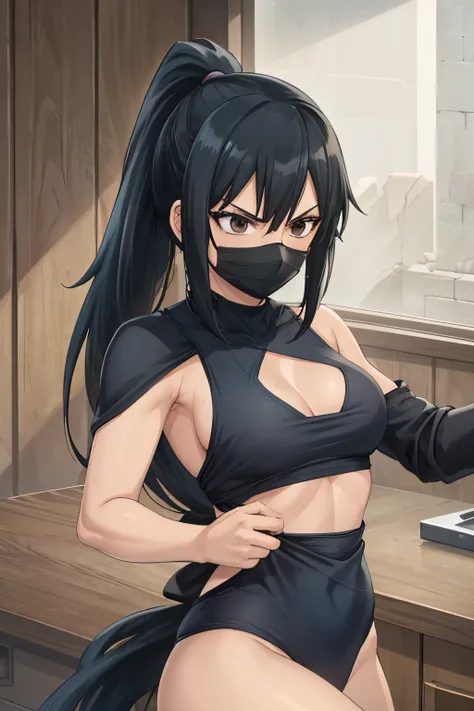 woman, pretty face, black hair, ponytail, black eyes, athletic body, ninja blue clothes, holding two daggers,serious, brown skintone, small breast, light armor, ninja mask, tanned skin, large thighs, sure