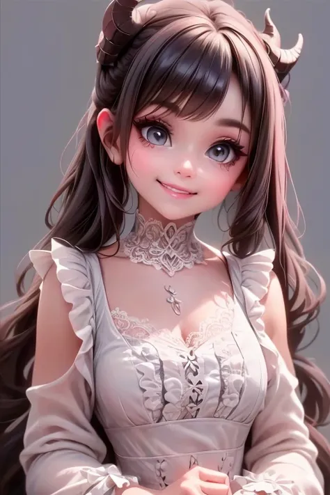 a close up of a (demon girl) smiling in a lace cloth outfit, frilly outfit, smokey eyes makeup, choke