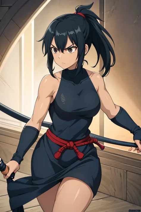 woman, pretty face, black hair, ponytail, black eyes, athletic body, ninja blue clothes, holding two daggers,serious, brown skin...