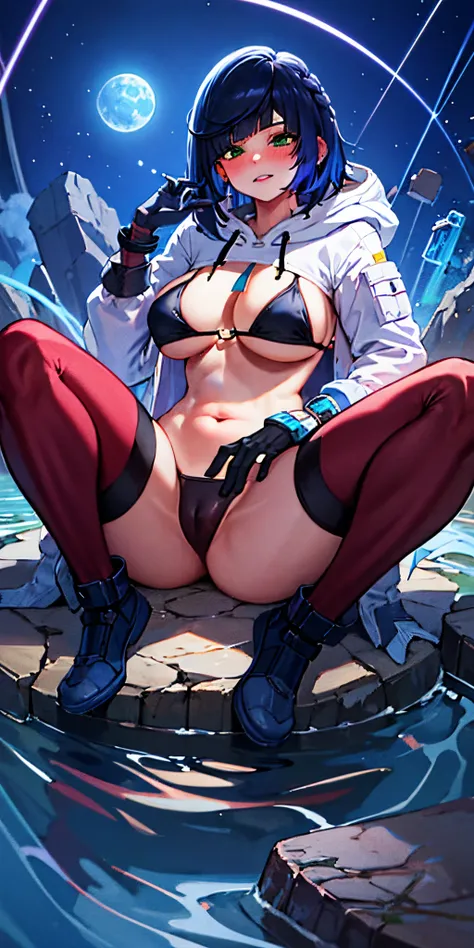 (shaded face:1.2), hollow eyes, green eyes, looking at viewer, heavy breathing, embarrassed, clenched teeth, blush face, lips, black hair, short hair, multicolored hair, huge breasts, ropped hoodie, black bikini, long sleeves, a woman sitting on a rock wit...