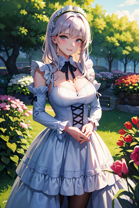 in on her face, standing in a blooming garden of vibrant flowers. The medium is a digital painting created with ultra-fine details and vivid colors. The womans white hair is depicted with intricate shading and highlights, showcasing its texture and volume....