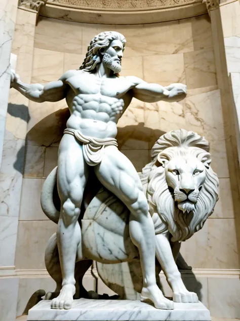 white marble. Samson with mantle toga. Samson kills and beats the lion with his fists, and the lion scratches and bites Samson with his claws. The lion attacks and Samson defends. Bloody death battle. epic brutal battle. Sculpture about this biblical momen...