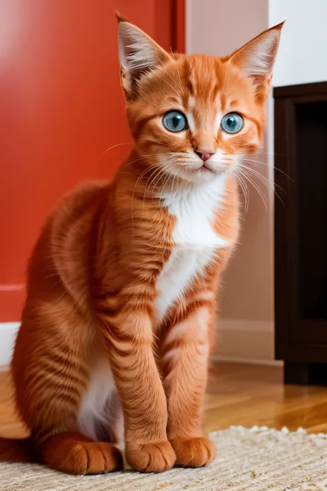 A cute red kitten in the apartment.