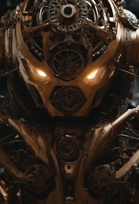 Envision an awe-inspiring scene featuring an extremely complex humanoid-model, meticulously highlighting every intricate detail, including gears, cables, and wire work throughout its body. Imagine this image in stunning 8K movie quality, capturing the esse...