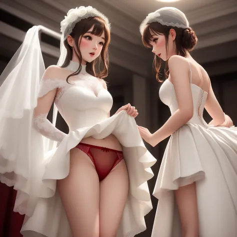 Lifting up the skirt of a white wedding dress reveals red underwear　Background is the association