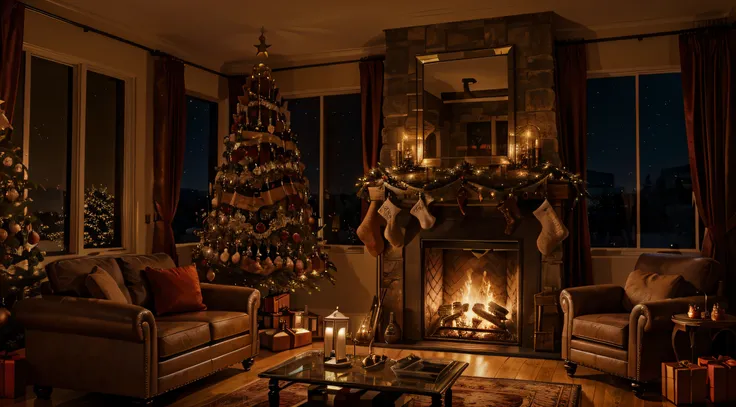 living room with fireplace, Christmas atmosphere, Christmas, night time, Large window, ultra-realistic, real quality, 4k,