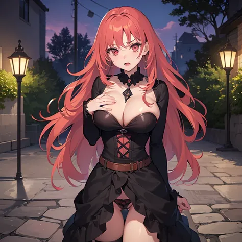 ((1 vampire woman)),((transparent fil tental panties))),((huge breasts, bare breasts, chest piercing)),((red hair)),((pink eyes, hopeless face) ),((stand)),((1 arm behind your back)),In a haunted forest, at night,