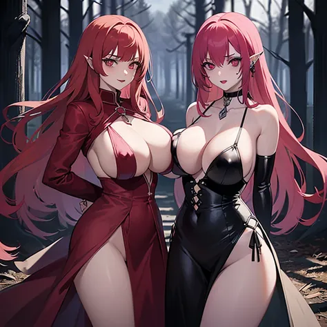 ((1 vampire woman)),((transparent fil tental panties))),((huge breasts, bare breasts, chest piercing)),((red hair)),((pink eyes, hopeless face) ),((stand)),((1 arm behind your back)),In a haunted forest, at night,