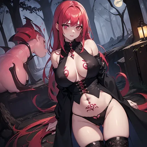 ((1 vampire woman)),((transparent fil tental panties))),((huge breasts, bare breasts, chest piercing)),((red hair)),((pink eyes, hopeless face) ),((stand)),((1 arm behind your back)),In a haunted forest, at night,