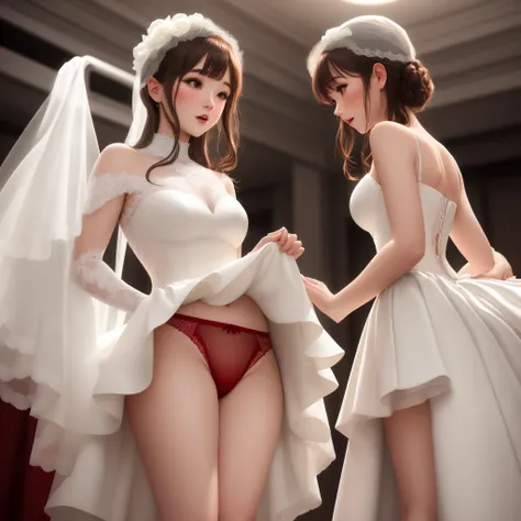 Lifting up the skirt of a white wedding dress reveals red underwear　Background is the association